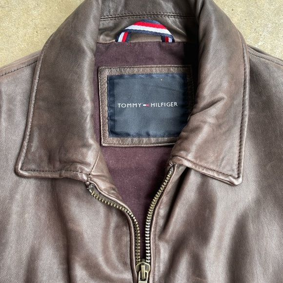 VTG Tommy Hilfiger Brown Lined 100% Genuine Leather Bomber Biker Jacket Lined M - Picture 2 of 5
